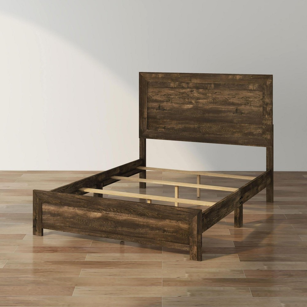 Bed - Walnut Finish Solid Wood Panel Platform Bed - QUEEN