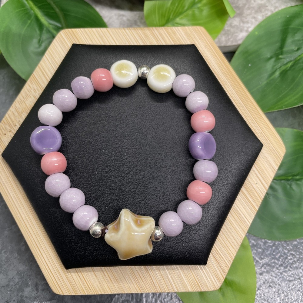 Handmade Ceramic Bead Beaded Stackable 6.5” Plus Stretch Bracelet New B8998
