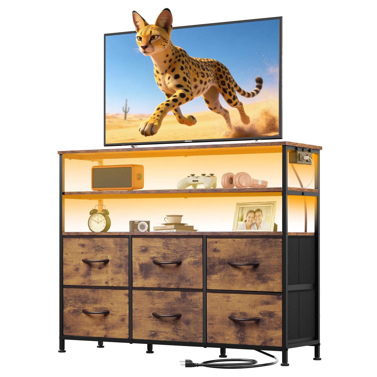 TV Stand for 40 45 inch TV with LED Lights Charging Station 6 Drawers