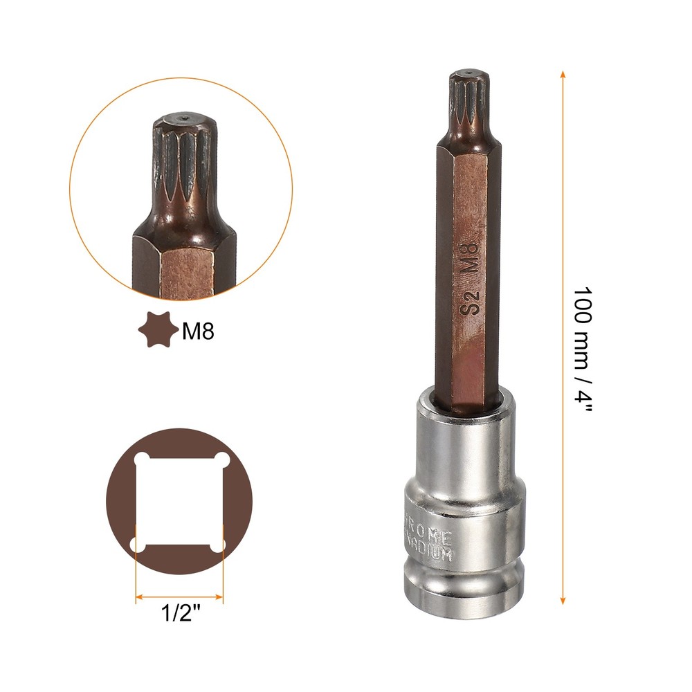 2Pcs 12 Point Metric Sized M8 1/2" Drive Triple Square Spline Bit Socket Set