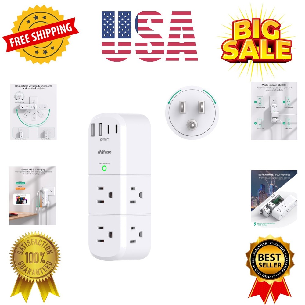 Surge Protector Outlet Extender with Rotating Plug, 6 AC Multi Plug Wall Outl...