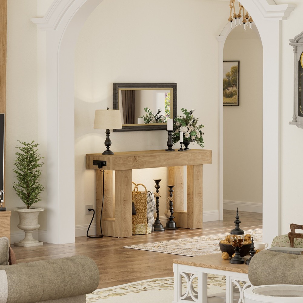 47" Entryway Table with Power Outlets and Sensor Light, Farmhouse Console Table