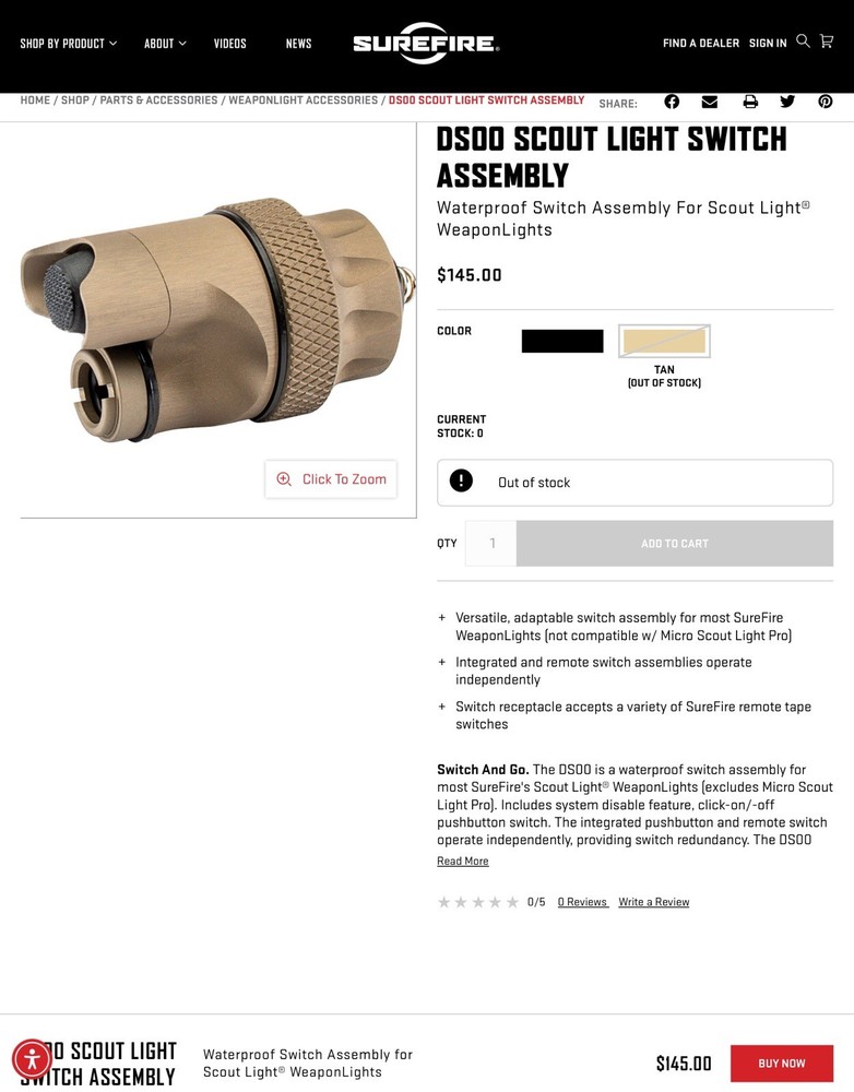 NEW - Surefire DS00 Scout Light Switch Assembly- Waterproof Switch Assembly