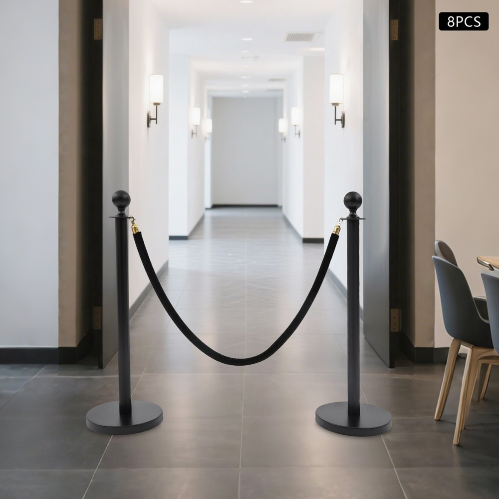 8PCS Stanchion Posts Queue Pole Black with 4 1.5M Ropes Crowd Control Barrier