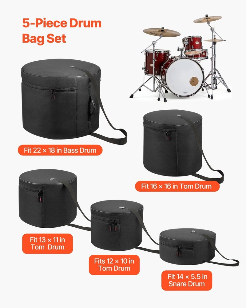5-Pc Drum Covers: 600D Material, Shock-Absorbing, Labelled, for Live Performance
