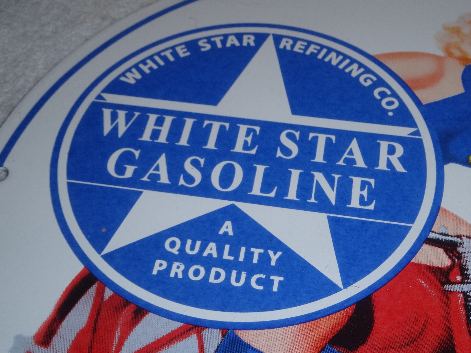 VINTAGE WHITE STAR GASOLINE "WOMAN ON MOTORCYCLE" 12" PORCELAIN METAL MOBIL SIGN