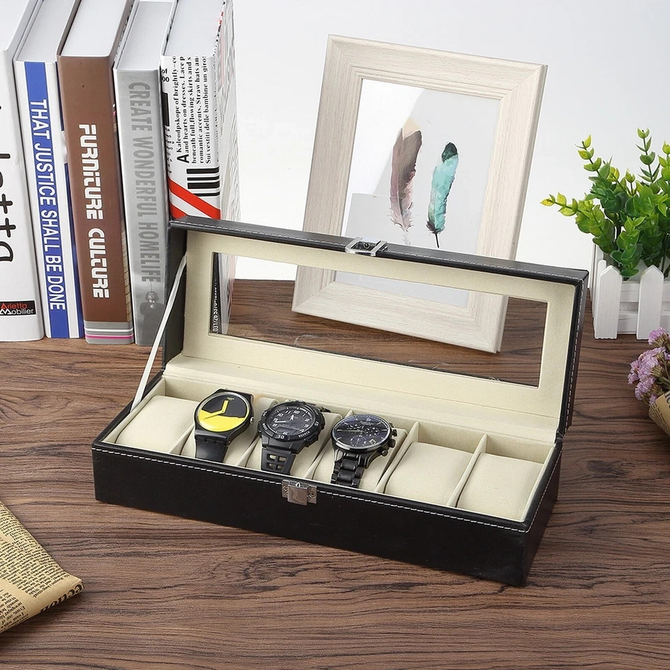 6 Slots Watch Box PU Leather Watch Case Jewelry Storage Watch Display Case Gift