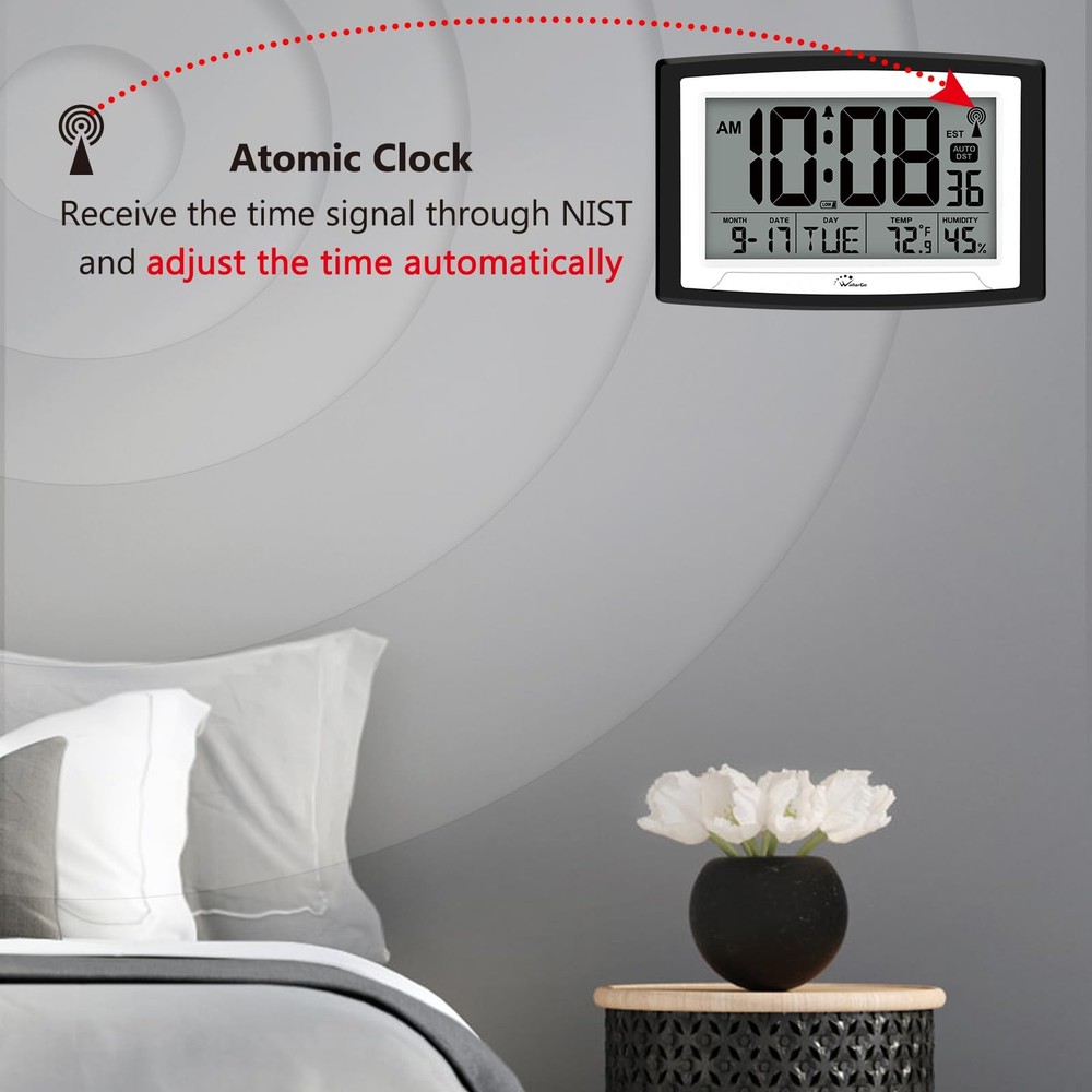 WallarGe Atomic Clock with Indoor Temperature and Large, Black, White