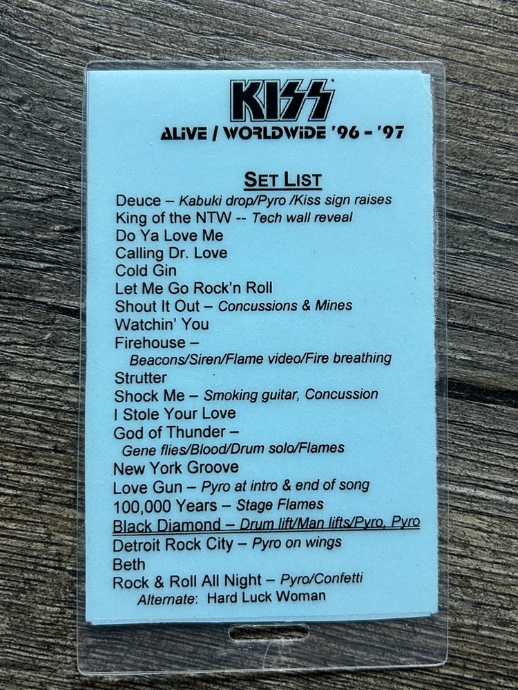 KISS LAMINATE PASS Reunion Tour Set List HardLuckWoman +Pyro Cues 1 Vintage Kiss