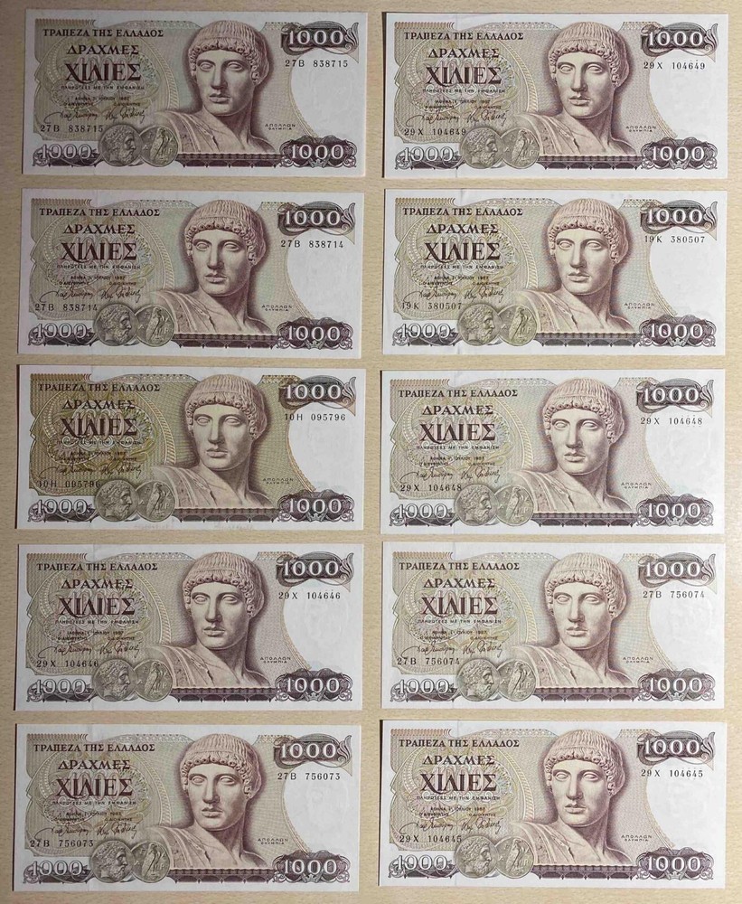 10 Pieces - 1000 Drachmai UNC  - 1987
