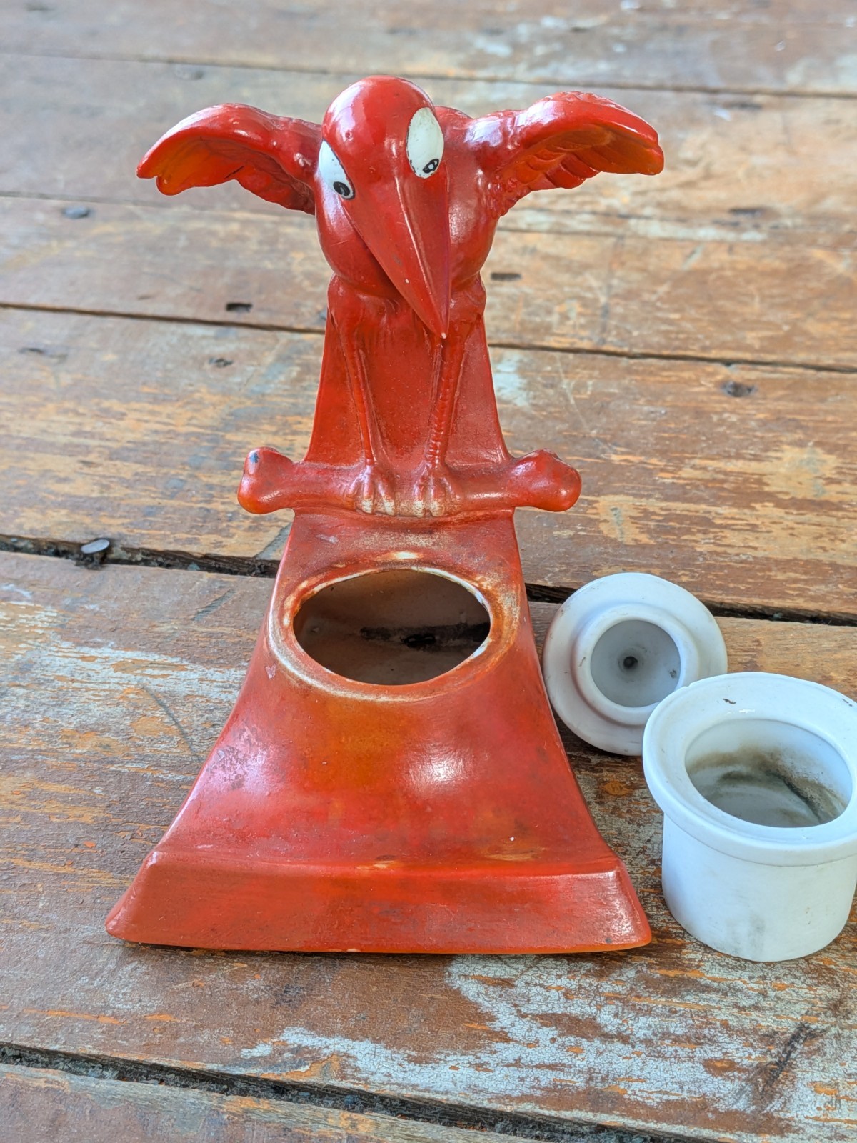 ***RARE*** Schafer Vater Vintage Halloween Red Crow w/Large Bone Ink Well Stand