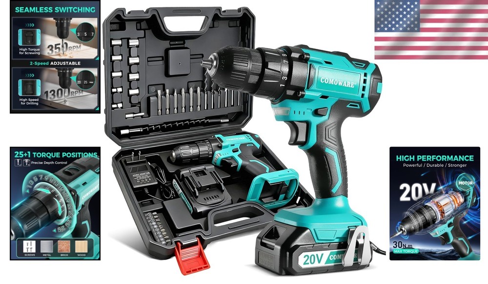 High-Power 20V Cordless Drill with LED Light & Adjustable Torque Control