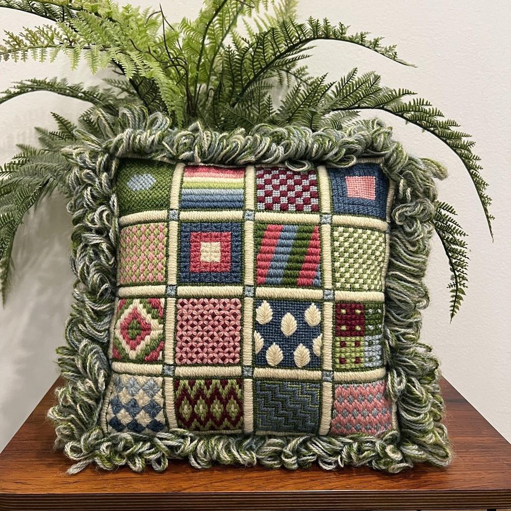 Vintage Loop Fringe Needlepoint Sampler Embroidery Accent Throw Pillow