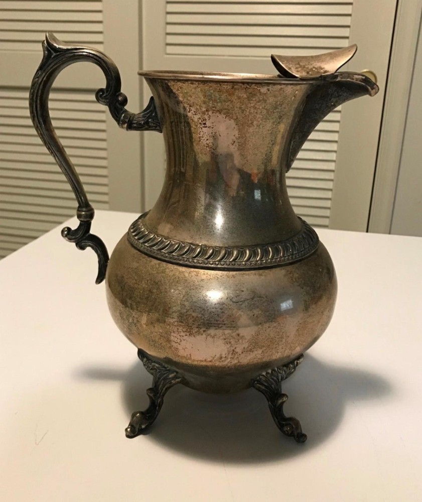 Antique Ornate Silverplate on Copper Water Pitcher w Ice Guard - stamped