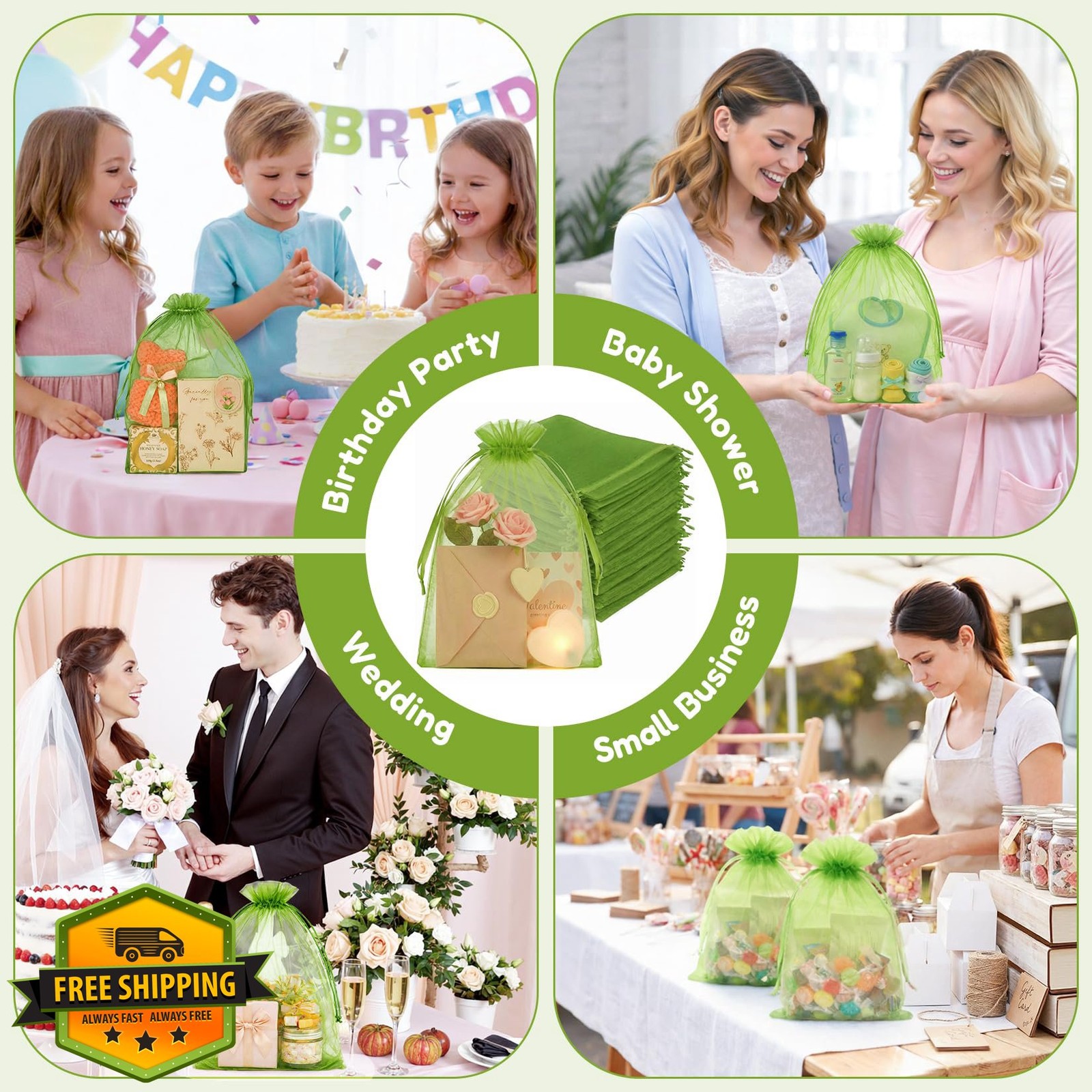 Crweety 100pc Organza Bags 8x12 Green Drawstring Gift Favors