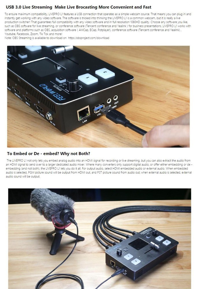 Livepro L1 Live Streaming Switcher HDMI Multi-Format Studio Record fr DSLR Camer