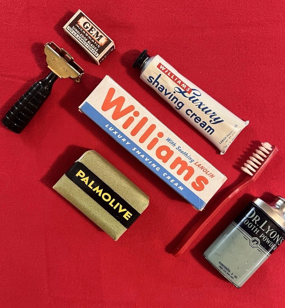 WWII Toilet Articles (Razor, Shaving Cream, Blades, Tooth Powder & Brush, Soap)