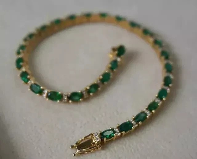 Natural Green Emerald 6Ct Oval Cut Tennis Bracelet 14K Yellow Gold Plated Silver