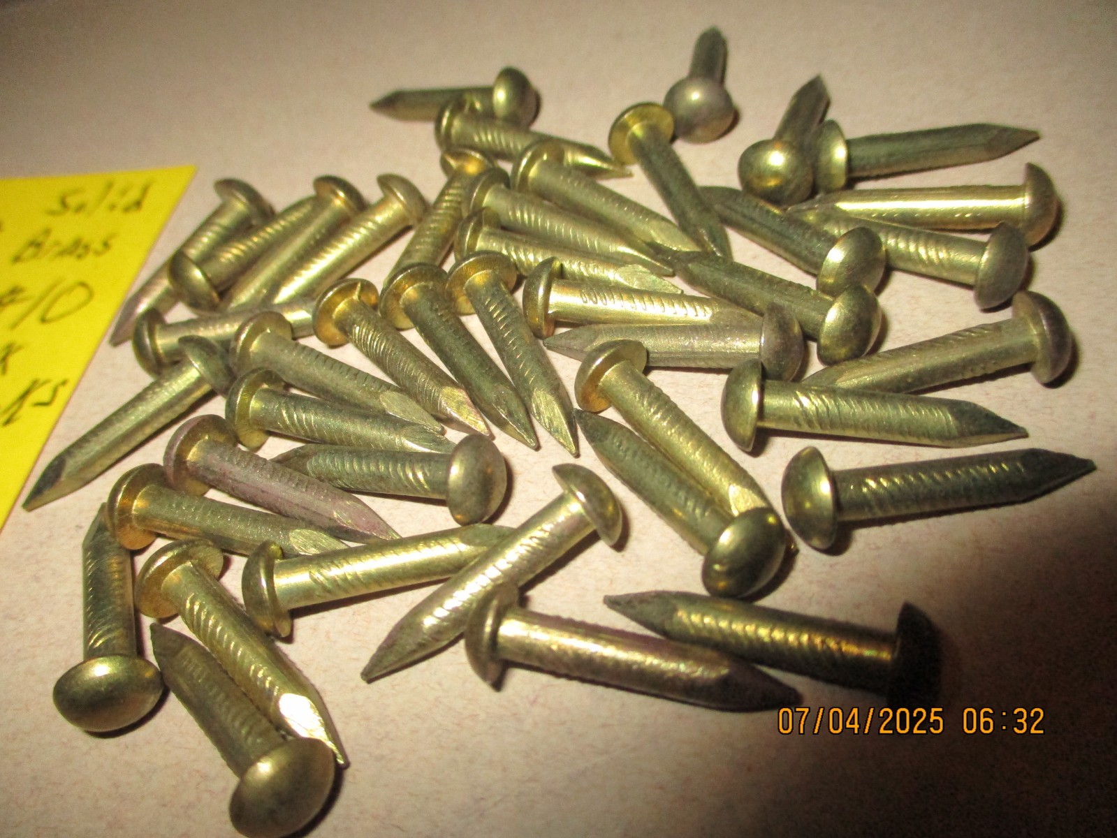 42--VINTAGE, 3/4" X #10, SOLID BRASS ESCUTCHEON PINS NAILS, BIG ROUND DOME HEADS