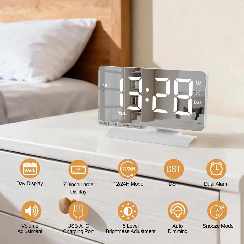 SZELAM Digital Clock,Alarm Clock Bedside,7.3'' Large LED Mirror Large, White