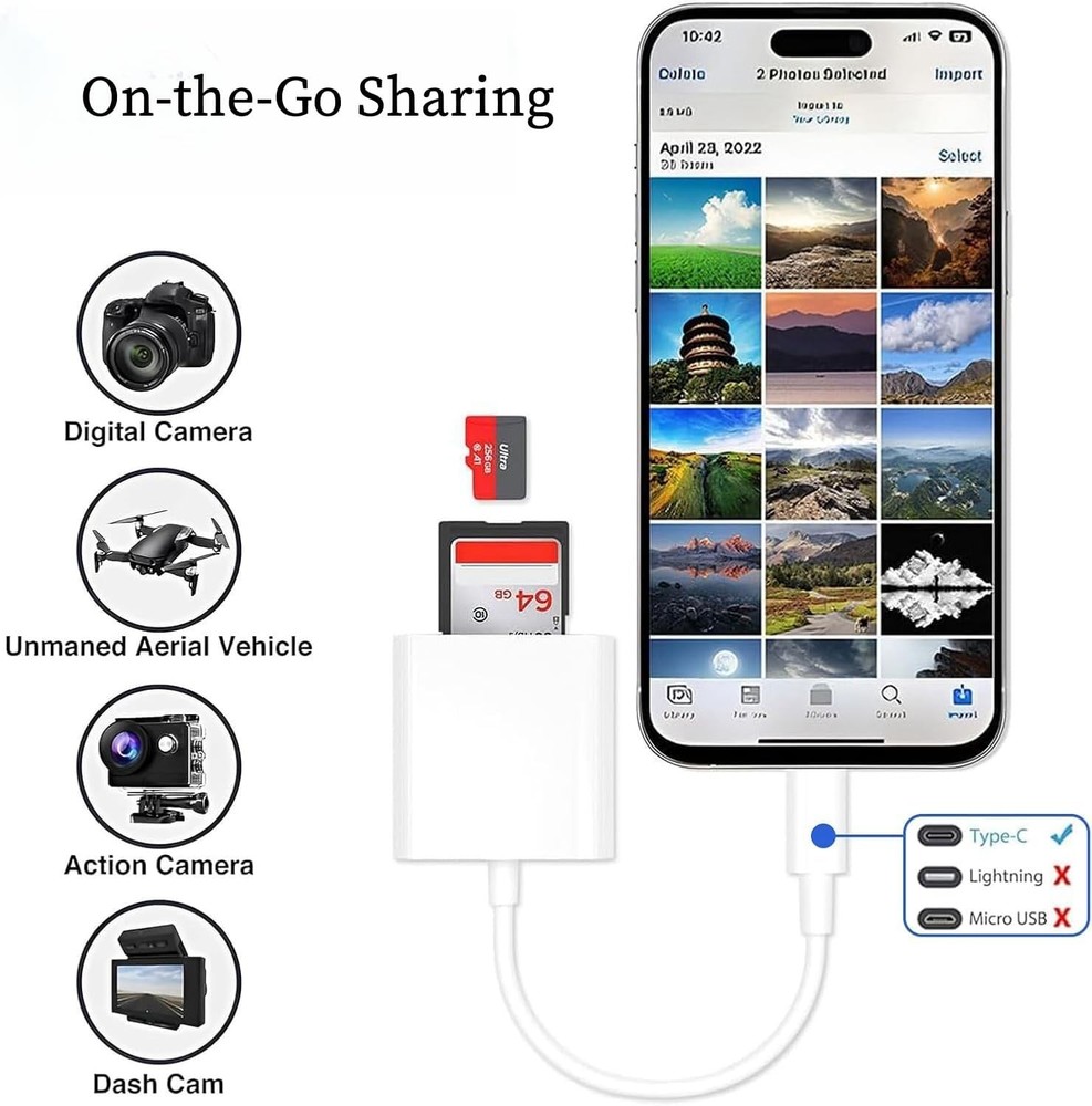 USB C SD Card Reader for iPhone 17/16/15 Series, USB-C to SD/Micro SD Memory Car
