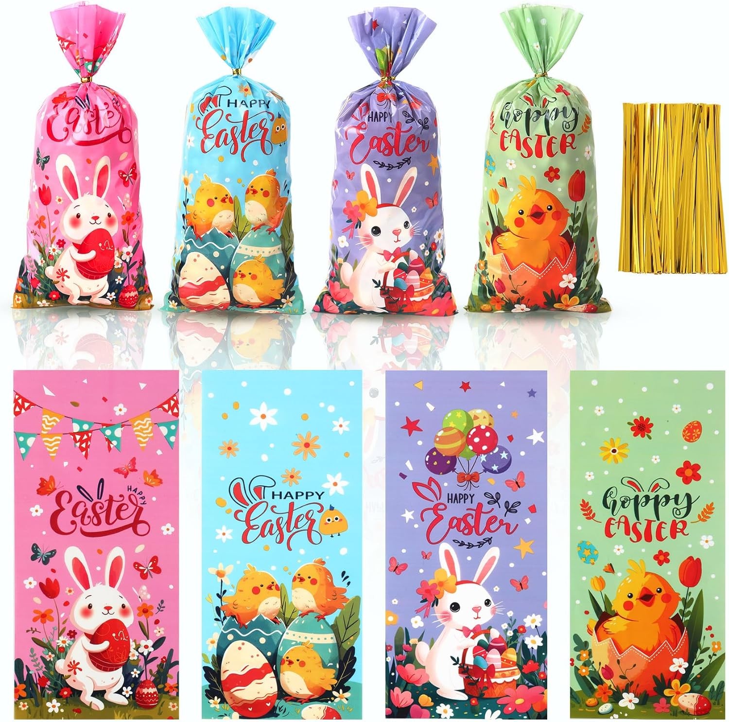 Happy Easter Treat Bags, 100Pcs Easter Cellophane Goodie Bags, Colorful Plastic