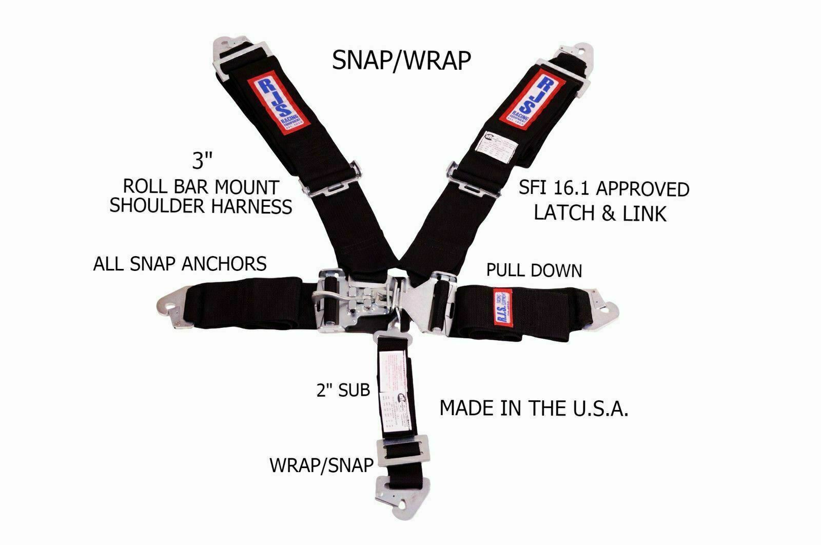 RJS RACING SFI 16.1 5PT LATCH & LINK HARNESS BELT  BLK 50502-18-06-CSE SNAP