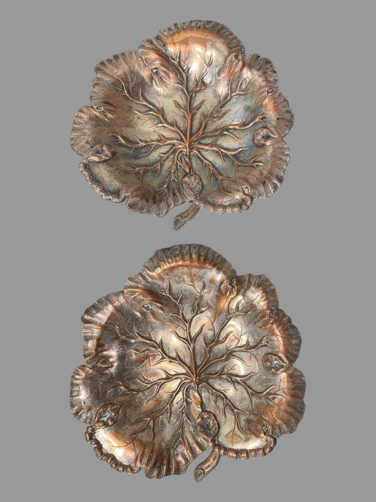 Pair of Antique Victorian Silverplate Leaf Shaped Serving Bowls Trays