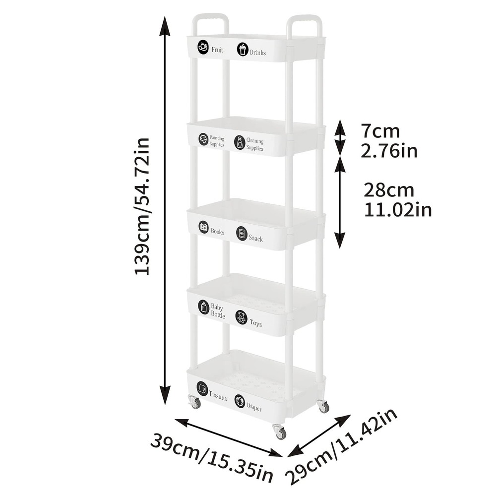 5-Tier Rolling Cart with Wheels,Multifunction Utility Storage Carts, Kitchen ...