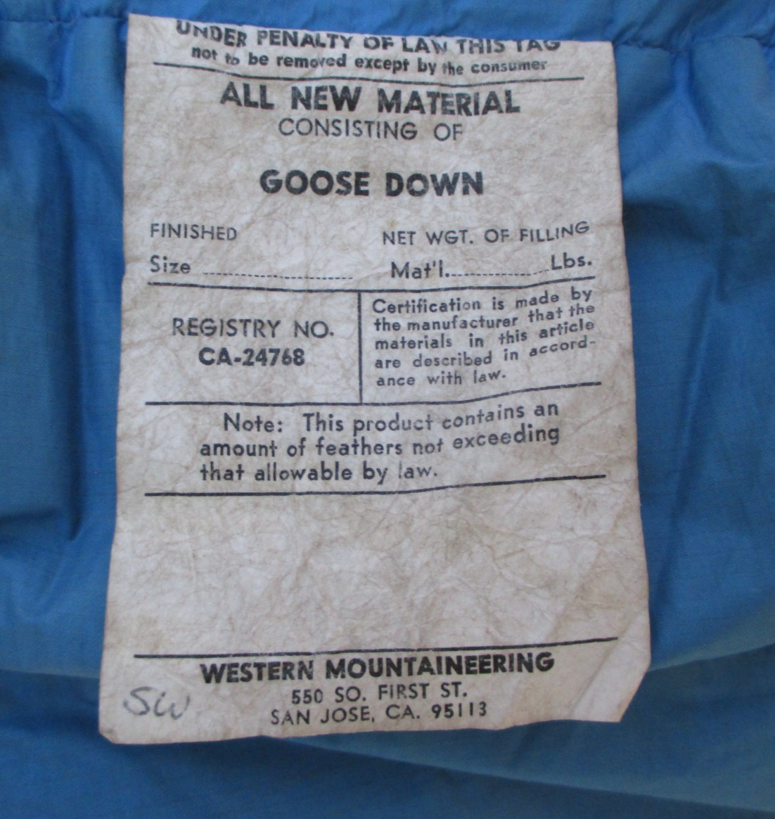 Vintage 1970's Western Mountaineering Middle Bag San Jose CA Down Sleeping Bag