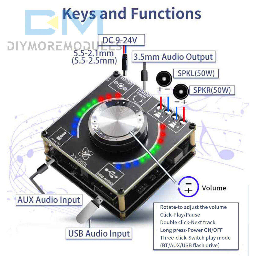 Bluetooth 5.1 D50L Stereo Digital Power Audio Amplifier Board+Light APP Control