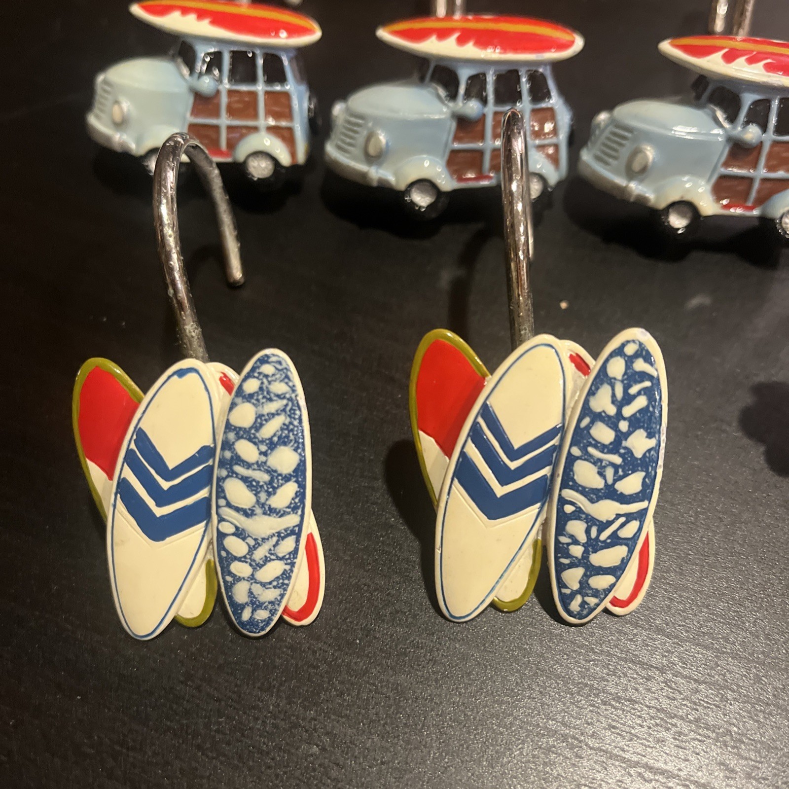 Vintage Set of 10 Shower Curtain Hooks Rings Metal Resin Palm Hawaii Beach Surf