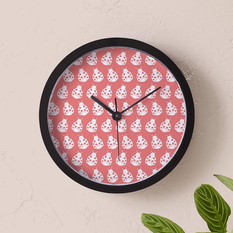 CafePress Light Coral Cute Ladybugs Pattern 10" Wall Clock (1492596288)