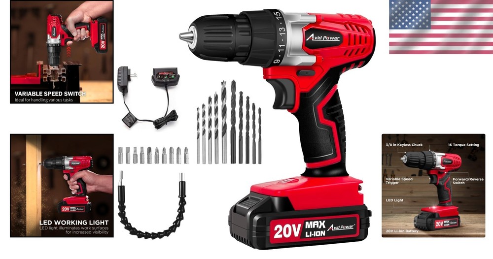 Lightweight 20V Lithium-ion Drill with Variable Speed and 22 Piece Bit Set
