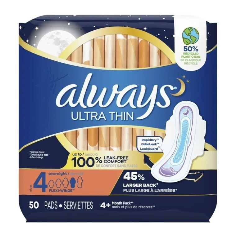 Always Ultra-Thin Pad Overnight Absorbency Unscented with Wings Size 4, 50 count