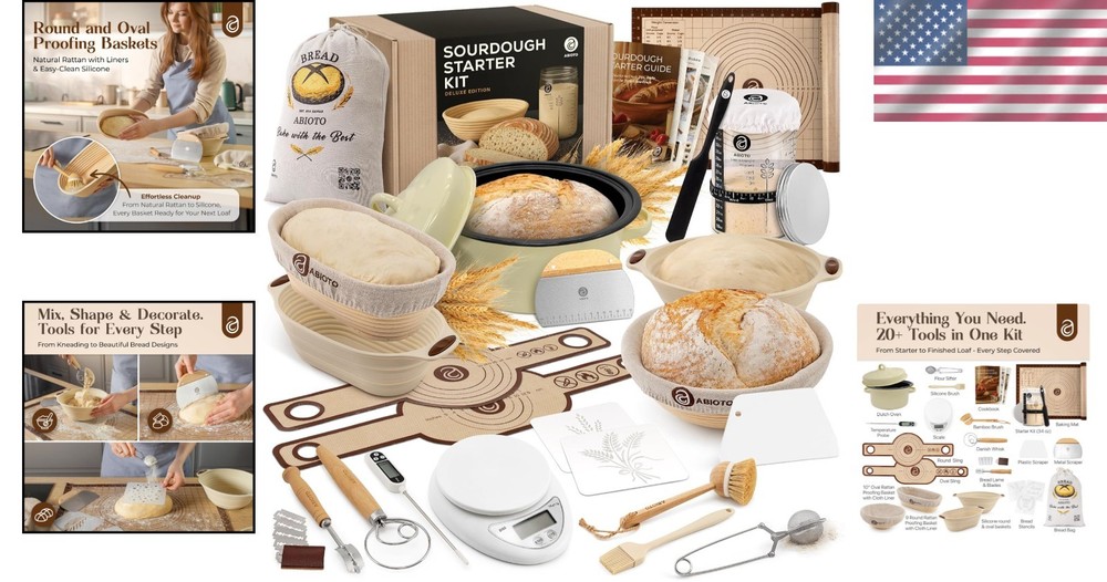 Complete Sourdough Baking Kit with Proofing Baskets & 34oz Jar for Perfect Bread