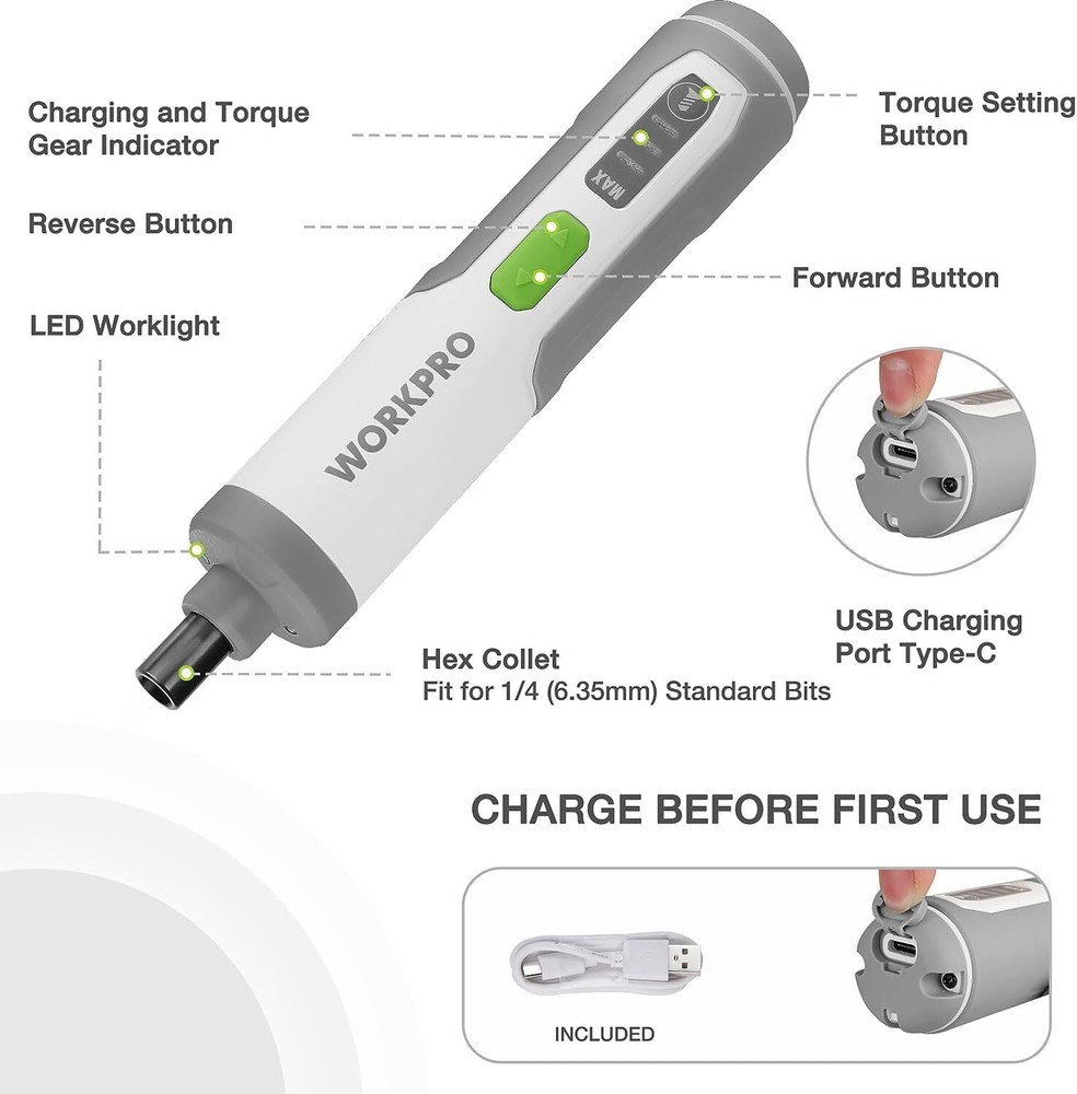 WORKPRO 4V Electric Screwdriver, Rechargeable Cordless Screwdriver Set w/35 Bits