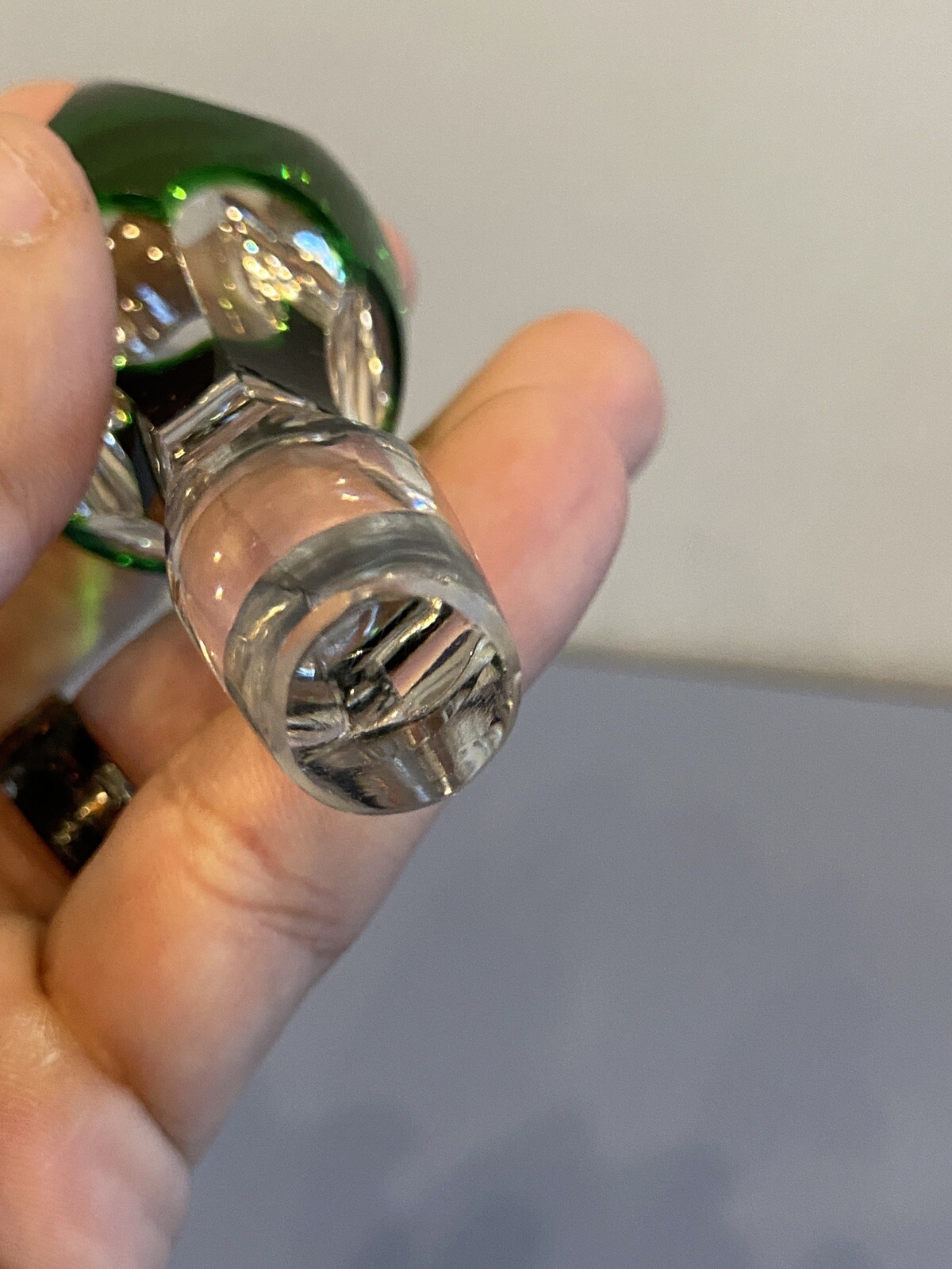 STUNNING VTG Emerald Green Cut To Clear Crystal Decanter W/Stopper 15.25"H