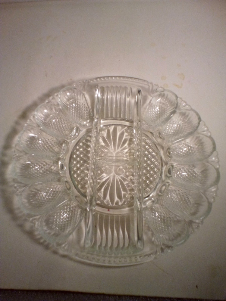 Vintage LE Smith Cut Glass Deviled Egg Plate Platter 11" Pineapple Design