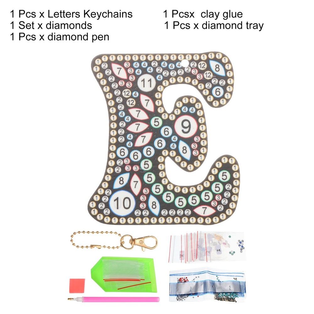 Diamond Art Keychains, 1 PCS Diamond Art Painting Letters Keychains Initial, E