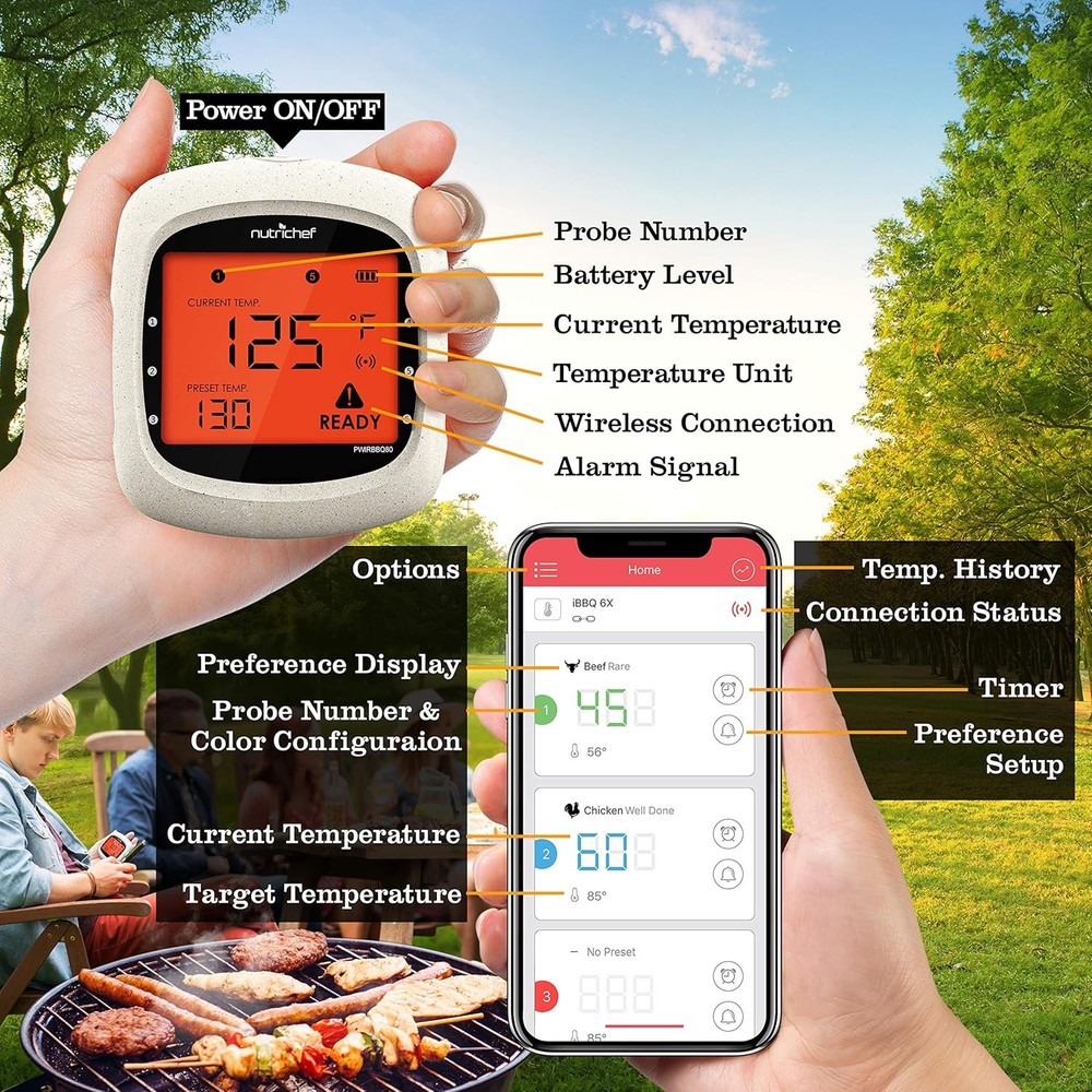NutriChef Bluetooth Wireless Meat Thermometer for Grilling & Smoking (Open Box)