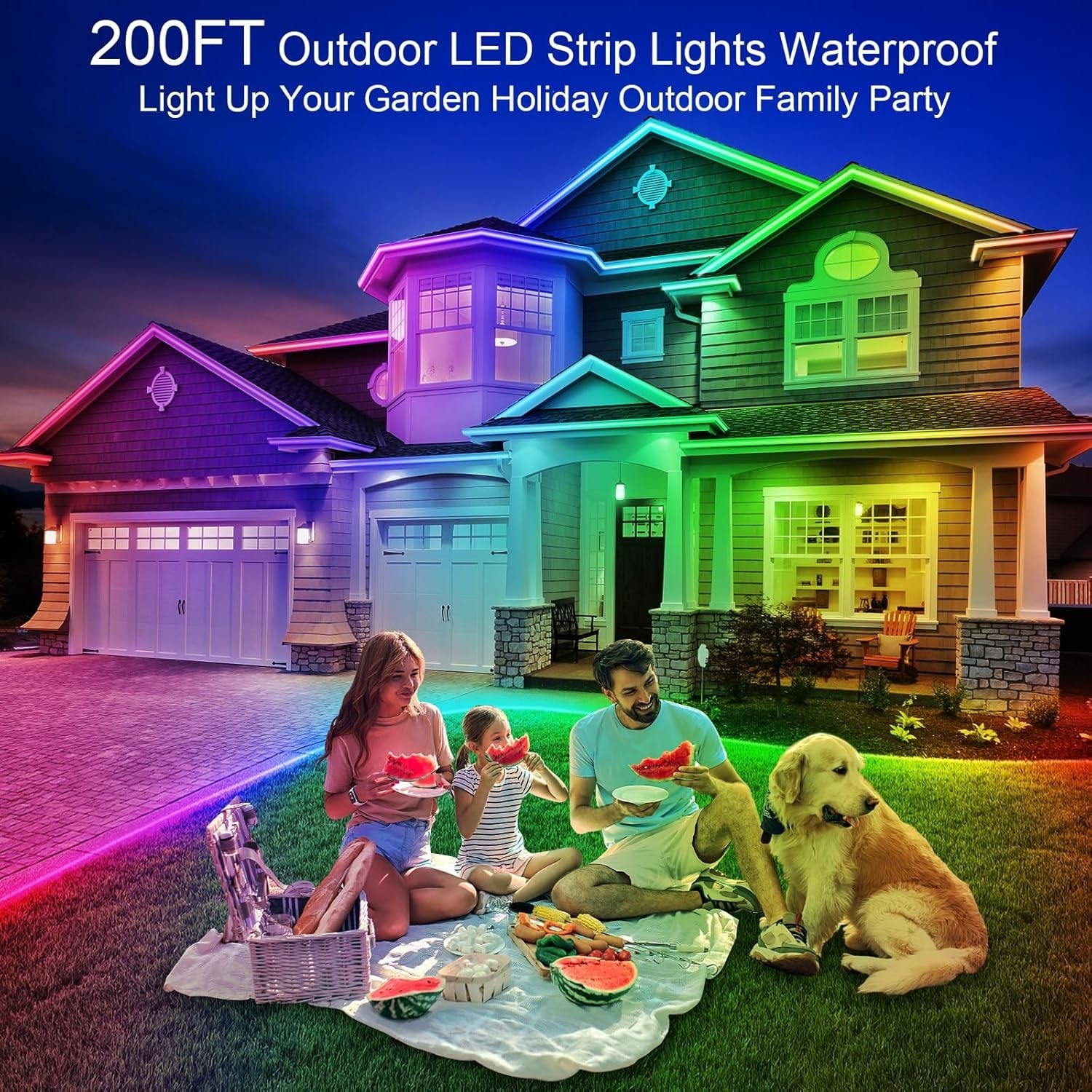 200ft Outdoor RGB LED Strip Lights Waterproof IP68, Music Sync, App & Remote Con