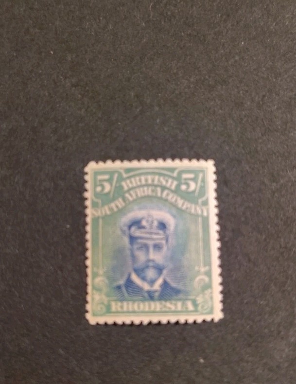 1913 Rhodesia Stamp Scott #135var: 5s Green Admiral, Perf 15, MLH, OG