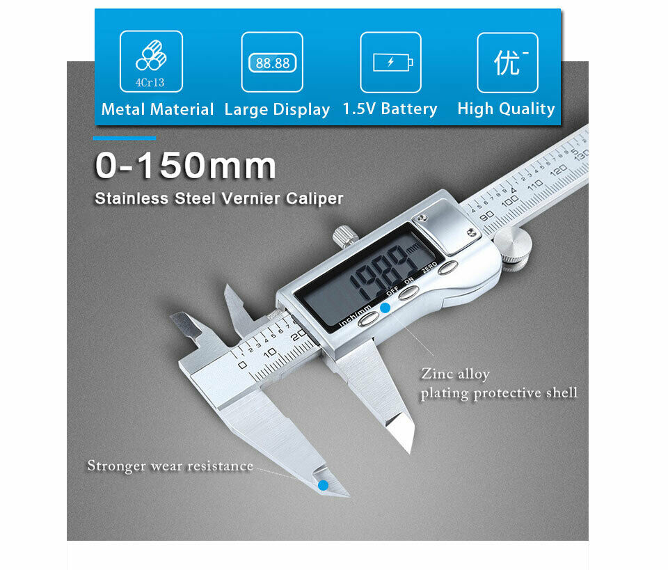 LED Digital Caliper Vernier 6" 150mm Electronic Ruler Gauge Stainless Steel