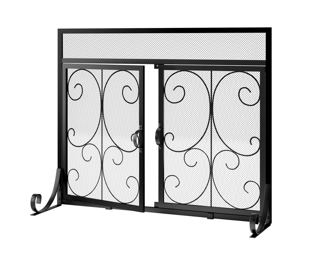Flat Fireplace Screen with Doors,Solid Wrought Iron Frame with Metal Mesh, Fl...