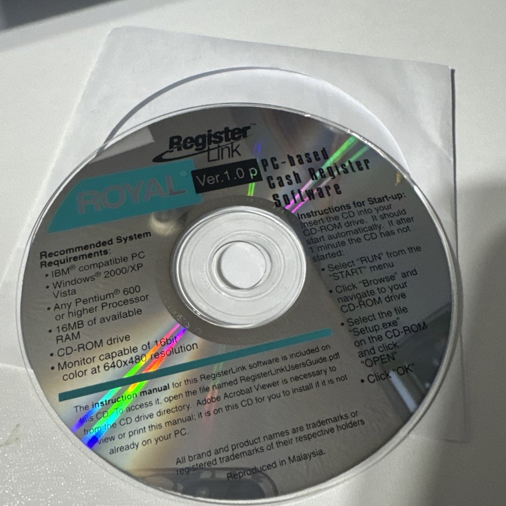 Royal Register Link Version 1.0 PC Based Cash Register Software CD ROM