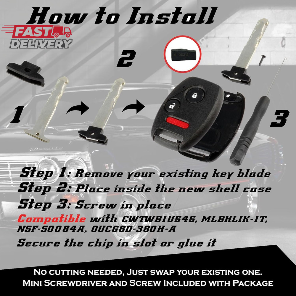 USA Remote CUTTING NOT REQUIRED - Key Fob Keyless Entry Remote Shell Case & Pad