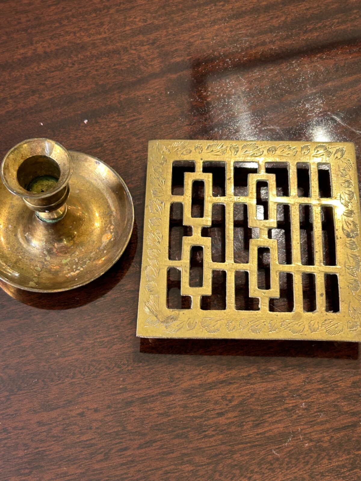 Vintage Solid Brass Trivet Stamped India AND Solid Brass Candlestick