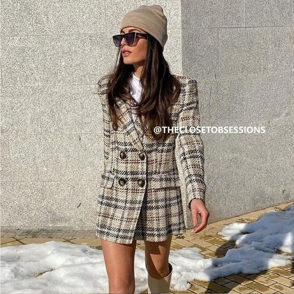 ZARA Wool-Blend Double Breasted Plaid Blazer NWT