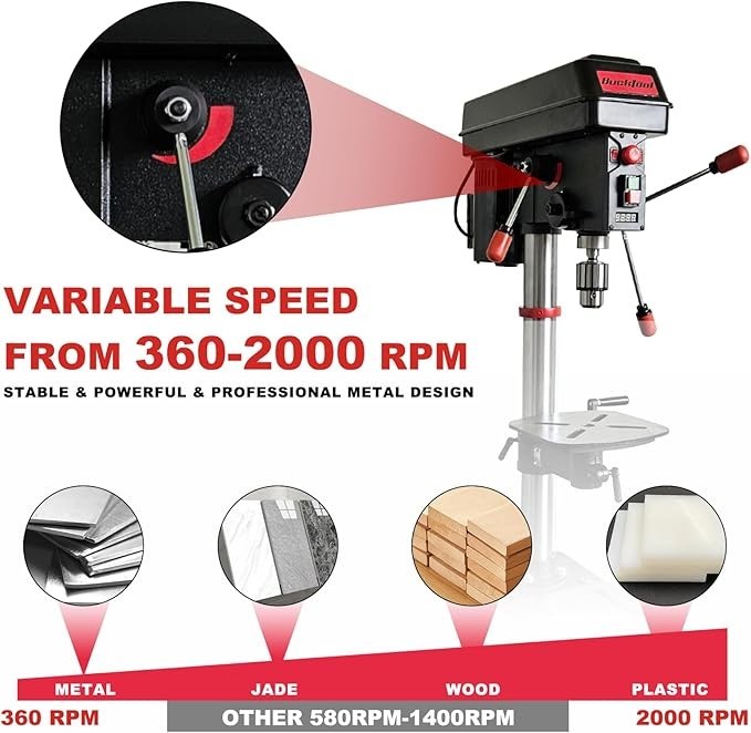 BUCKTOOL 12'' 6 Pole Motor Variable Speed Bench Drill Press 360–2000RPM,DP12VL-2